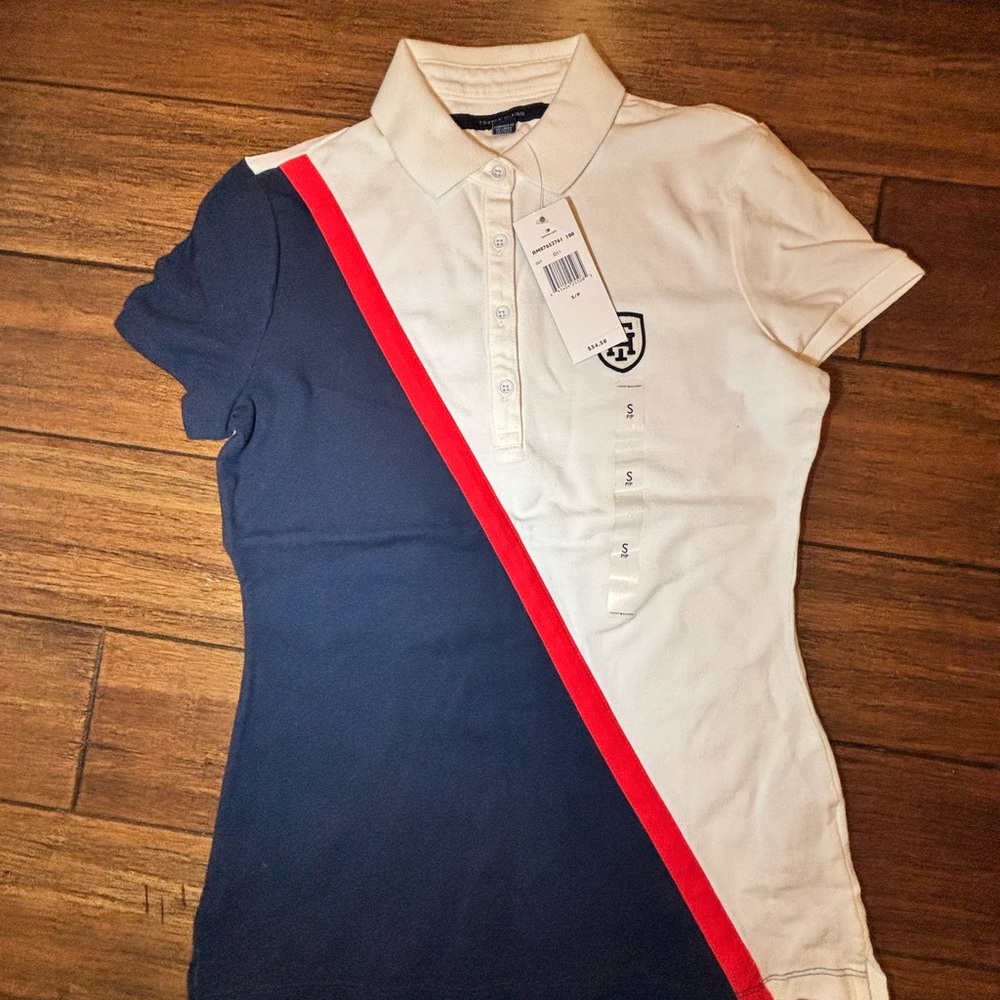 Navy and White Polo Shirt with Red Stripe